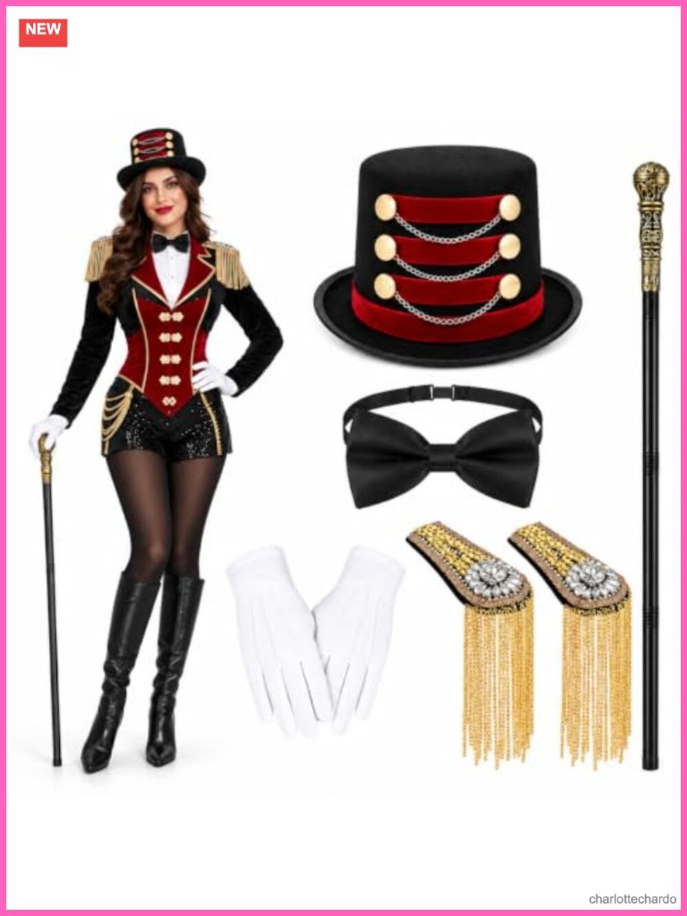 Ringmaster Costume Accessory Set Top Hat Bow Tie Gloves Epaulettes Cane